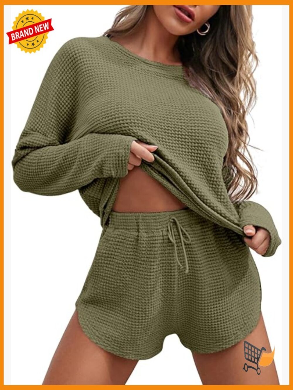 Waffle Knit Pajama Set Long Sleeve Top and Shorts Lounge Set with Pockets